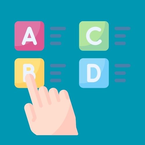 Grafik: Vor einem blauen Hintergrund sind vier Quadrate mit je einem Buchstaben abgebildet. Jeder Buchstabe steht für eine Antwortmöglichkeit auf eine Quizfrage. Ein Finger deutet auf den Buchstaben „B“.