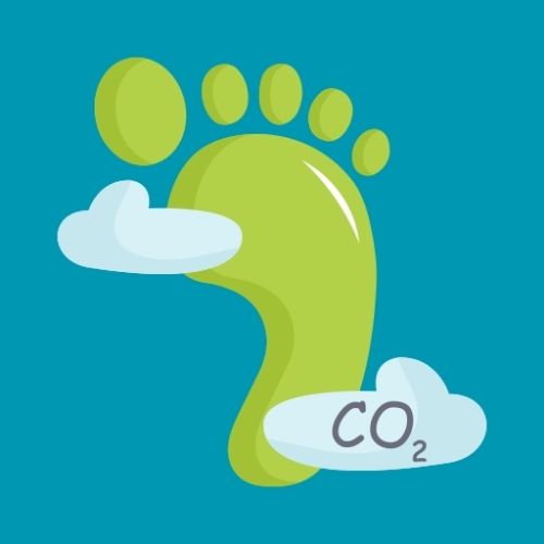 Grafik: Vor einem blauen Hintergrund sind ein grüner Fußabdruck und zwei Wolken abgebildet. In einer Wolke steht das Wort „CO2“.