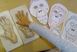 Ein Kind legt seine Hand auf ein Modell einer Orang-Utan-Hand.