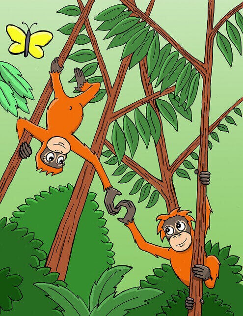 Zeichnung von Rimba und Nyala, dim zusammen in einem Baum hängen.