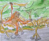 Ein gemaltes Bild eines Orang-Utans, der im Wald hangelt.