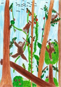 Ein von einem Kind gemaltes Bild von mehreren Orang-Utans im Regenwald.