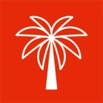 Das Logo der Replace-PalmOil-App, eine weiße Palme vor knallrotem Hintergrund.