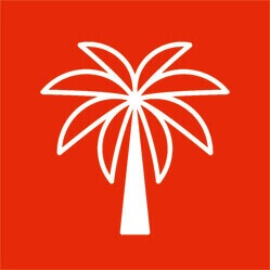 Das Logo der Replace-PalmOil-App, eine weiße Palme vor knallrotem Hintergrund.