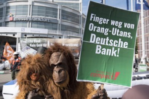 Unser Kostüm-Orang-Utan und Maskottchen Ginting in Frankfurt. Er hat ein Schild in der Hand, auf dem steht: „Finger weg von Orang-Utans, Deutsche Bank!“.