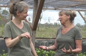 Julia Cissewski und Ashley Leiman unterhalten sich. Sie stehen in einer Baumschule.