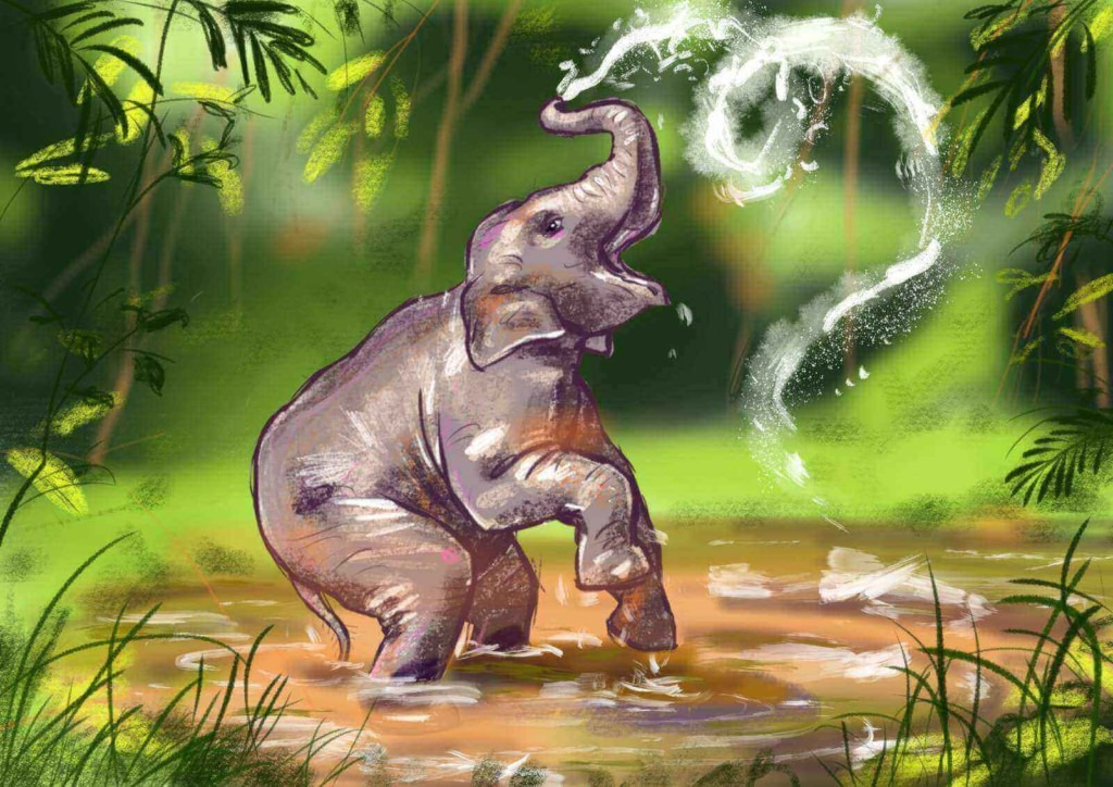 Zeichnung von Felix Scholz: Elefant im Dschungel.