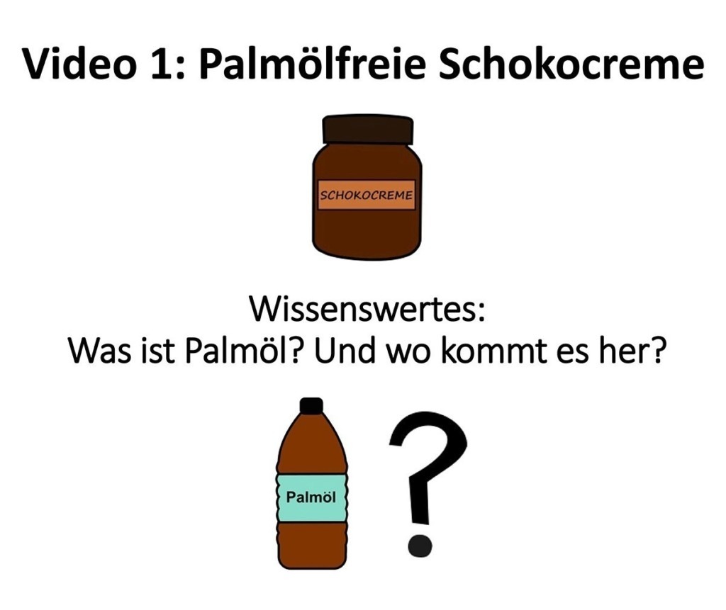 Am oberen Rand steht "Video 1: Palmölfreie Schokocreme" Darunter ist ein Glas Schokocreme abgebildet. Dann folgt der Text: Wissenswertes: Was ist Palmöl? Und wo kommt es her?" Darunter ist eine Flasche Palmöl abgebildet.