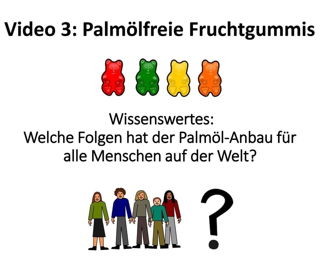 Darunter sind Fruchtgummis abgebildet. Dann folgt der Text "Wissenswertes: Welche Folgen hat der Palmöl-Anbau für alle Menschen auf der Welt?" Darunter sind fünf Menschen abgebildet.
