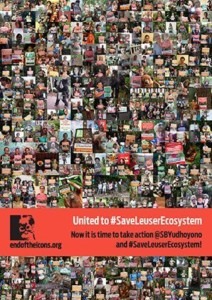 Das Plakat macht Werbung für den Internationalen Aktionstag zum Schutz des Leuser-Ökosystems. Es ist eine Collage aus vielen verschiedenen Bildern von Menschen, die für den Schutz des Leuser-Ökosystems protestieren.