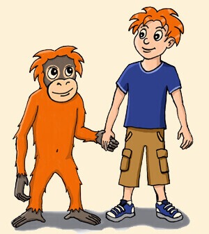 Zeichnung von Rimba und einem Jungen, die sich an den Händen halten.