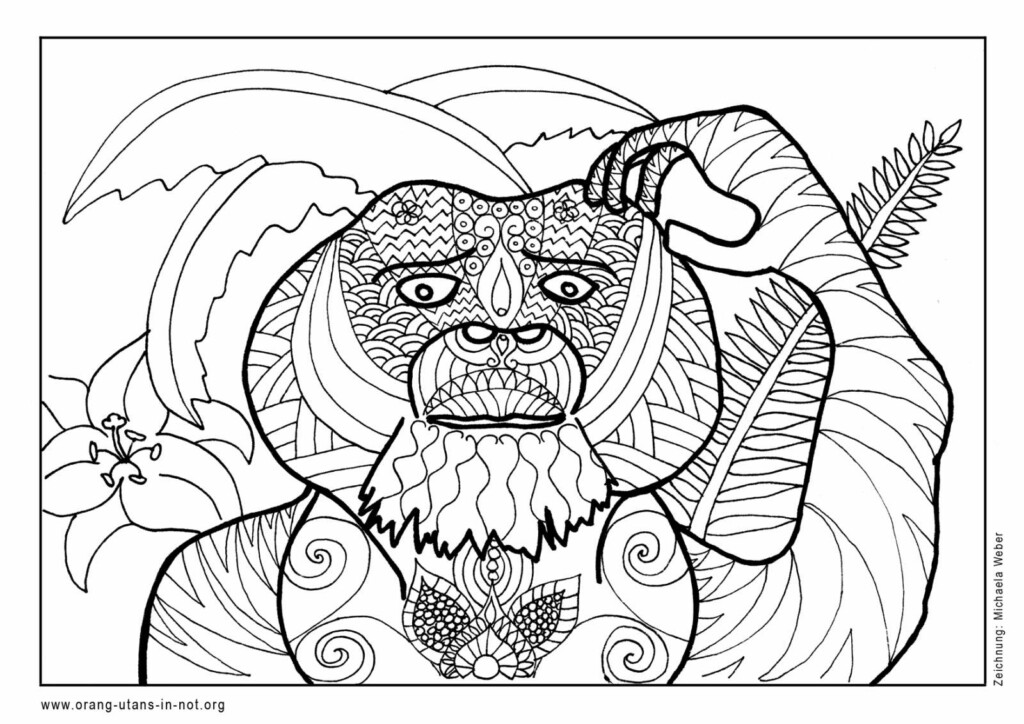 Orang-Utan-Ausmalbild. Das Motiv besteht aus vielen verschiedenen Formen und Mustern.