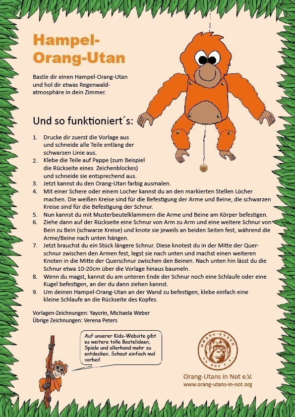 Vorschaubild der Bastelanleitung für einen Hampel-Orang-Utan. Abgebildet sind ein Beispiel des gebastelten Hampel-Orang-Utans und die Bastelanleitung.