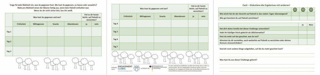 Rückseite des dreiseitigen Faltflyers „Palmölfrei-Challenge“. Auf der linken und mittleren Seite befindet sich eine Tabelle, in die für sieben Tage die gegessenen Mahlzeiten eingetragen werden können. Auf der rechten Seite befinden sich einige Fragen, die als Diskussionsgrundlage dienen sollen.