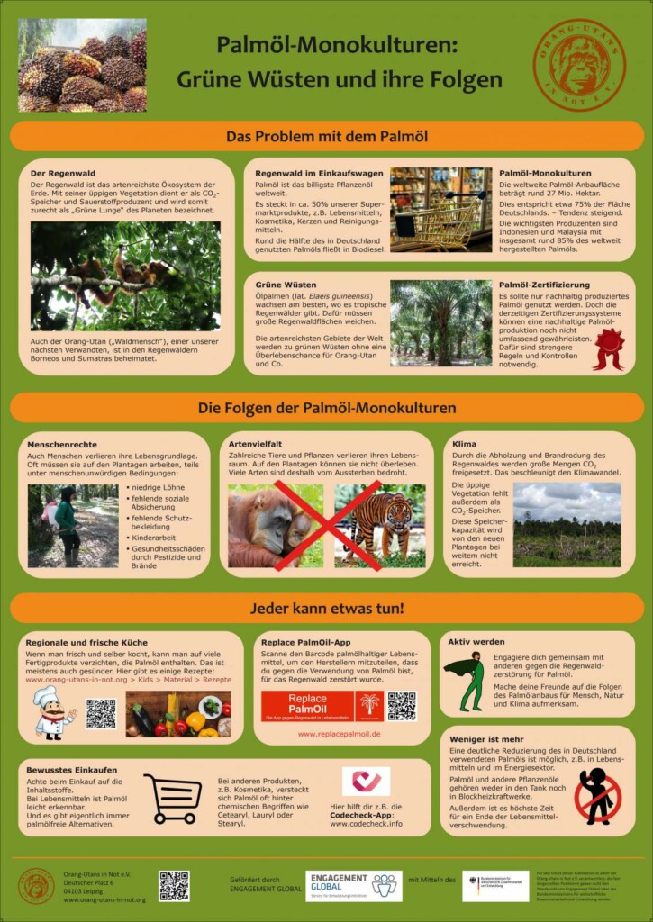 Vorschaubild des Posters "Palmöl-Monokulturen: Grüne Wüsten und ihre Folgen". Das Poster ist in drei Teile gegliedert: 1. Das Problem mit dem Palmöl. 2. Die Folgen der Palmöl-Monokulturen. 3. Jeder kann etwas tun.