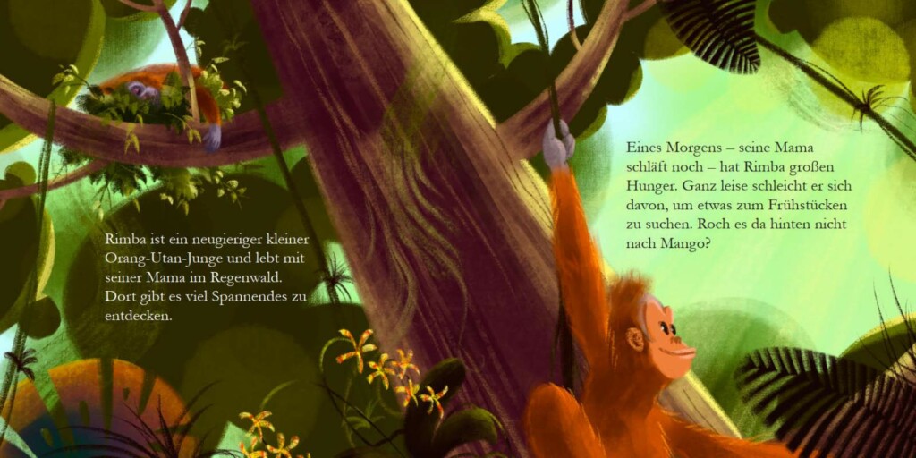 Erste Seite des Kinderbuchs "Rimbas Abenteuer". Rimba wach früh morgen auf und erkundet den Regenwald.