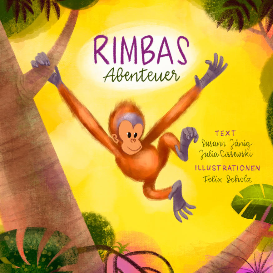 Cover des Kinderbuchs "Rimbas Abenteuer". Der kleine Rimba hängt an einem Ast.