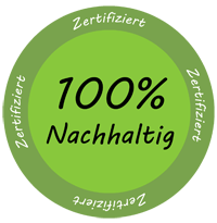 Ein Nachhaltigkeitssiegel. Auf dem Siegel steht „100% Nachhaltig“ und „Zertifiziert“.