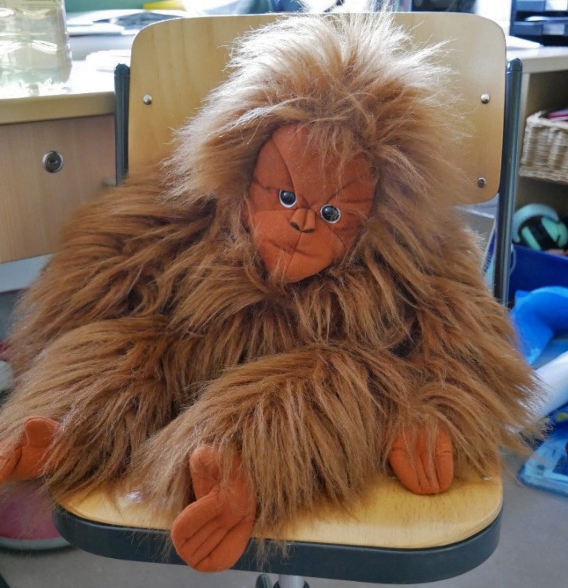 Das Umweltbildungsmaskottchen Ginting, eine Orang-Utan-Handpuppe, sitzt auf dem Stuhl der Lehrerin. Ginting begleitet die Umweltbildnerinnen zu Projekttagen in Kindergärten und Schulen.