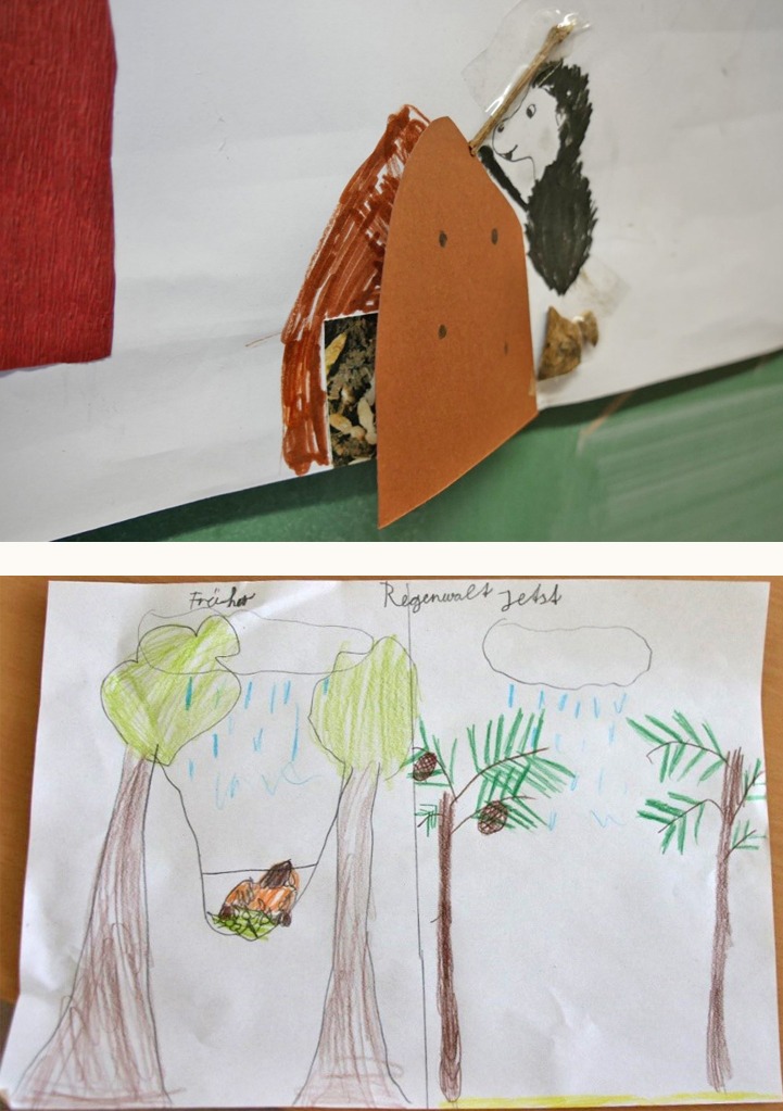 Oben: Die Schüler gestalteten Plakate zu den verschiedenen Menschenaffenarten und wurden dabei sehr kreativ. Hier stochert ein gezeichneter Schimpanse mit einem echten Stöckchen in einem aufklappbaren Papier-Ameisenhügel. Im Inneren ist ein Bild der Ameisen versteckt. Unten:Die Schüler gestalteten Bilder zum Thema Regenwaldzerstörung. Auf diesem Bild sind links zwei Regenwaldbäume dargestellt; in deren Mitte schläft ein Orang-Utan in einem Nest (Überschrift: früher). Auf der rechten Seite stehen zwei Ölpalmen, keine Tiere sind zu sehen (Überschrift: jetzt).