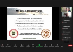 Screenshot aus dem Online-Seminar. Die Übersicht stellt verschiedene Punkte zusammen, wie man selbst aktiv werden kann – ob auf palmölhaltige Produkte verzichten, Petitionen unterzeichnen oder anderen von den Problemen erzählen: Jeder kann einen Beitrag zur Rettung der Regenwälder und der Orang-Utans leisten.