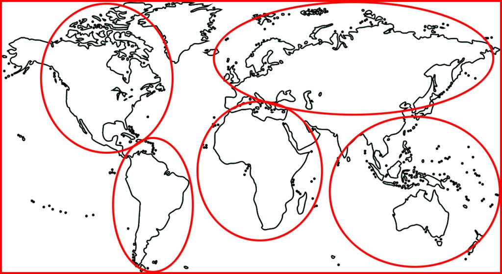 Skizze der Weltkarte. Alle Kontinente sind als Lebensraum des Menschen markiert.