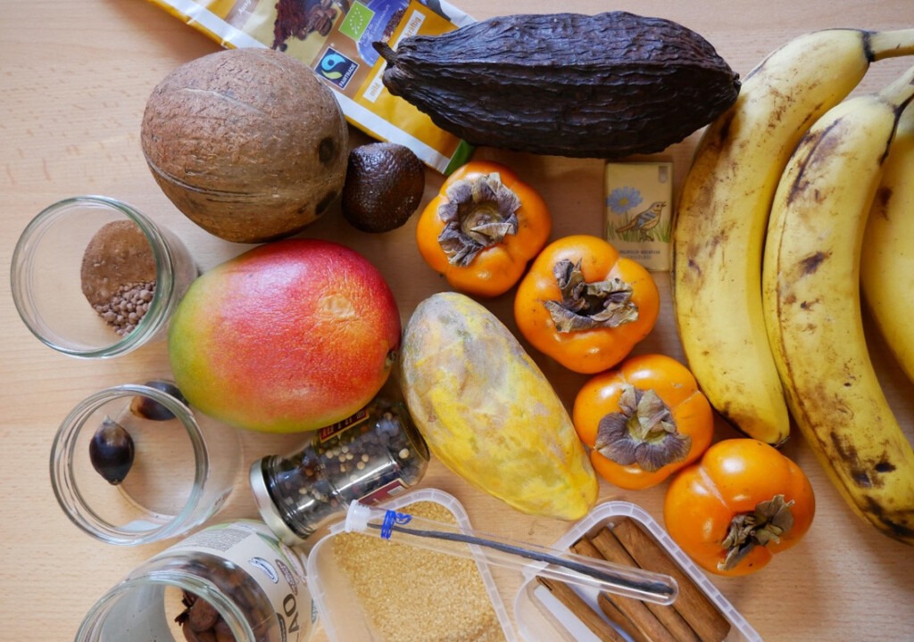 Das Foto zeigt Produkte aus dem Regenwald: Kakao, Kaffee, Bananen, Mango, Papaya, Kaki, Vanille, Zimt, Zucker und Pfeffer.