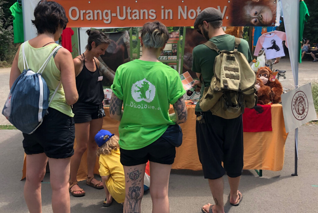 Unser Infostand aud der Ökofete. Eine Mitarbeiterin des Vereins erklärt ein paar Kindern den Orang-Utan-Stocherkasten. Interessierte Leute stehen dahinter und schauen zu.