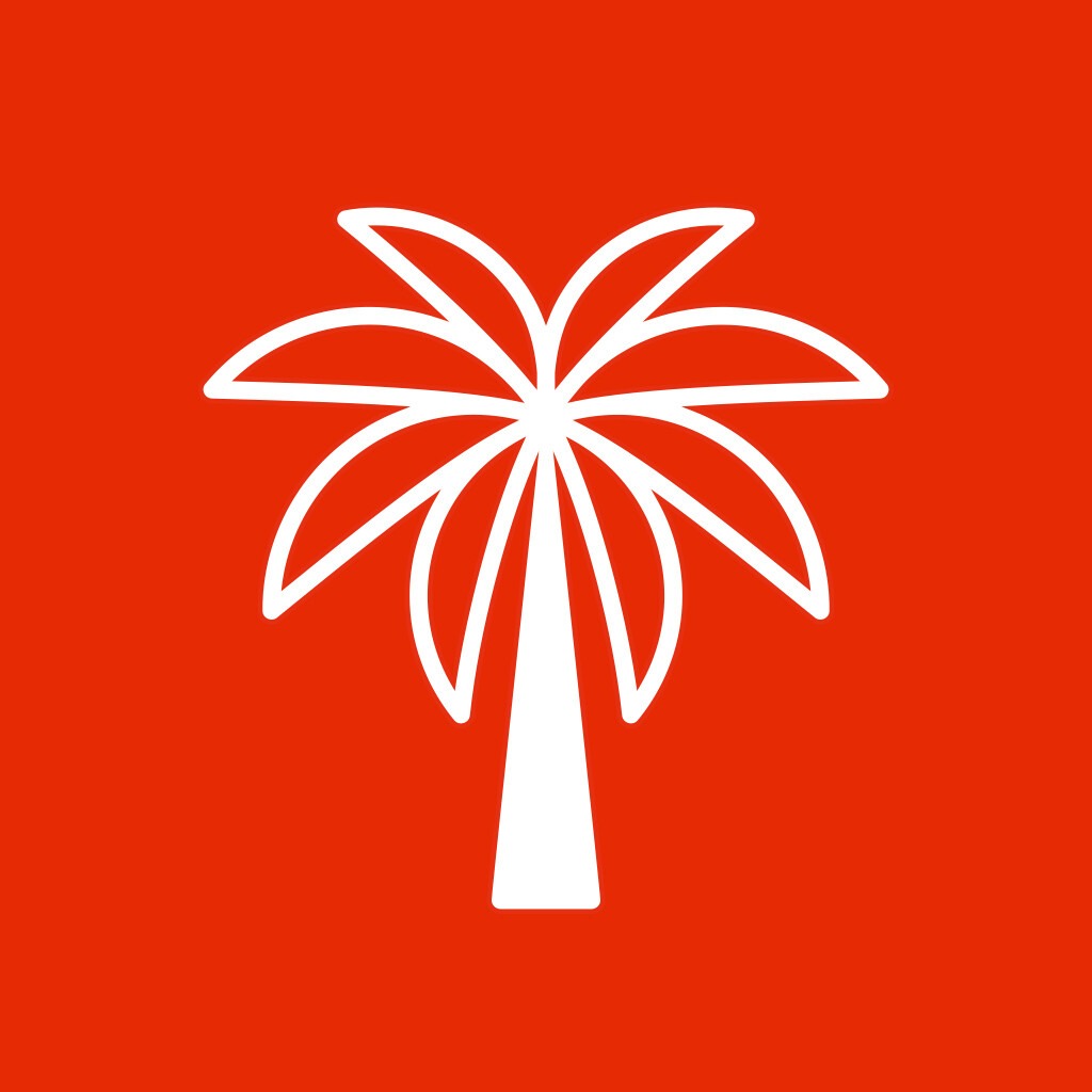 The Replace PalmOil app logo, a white palm tree on a bright red background.