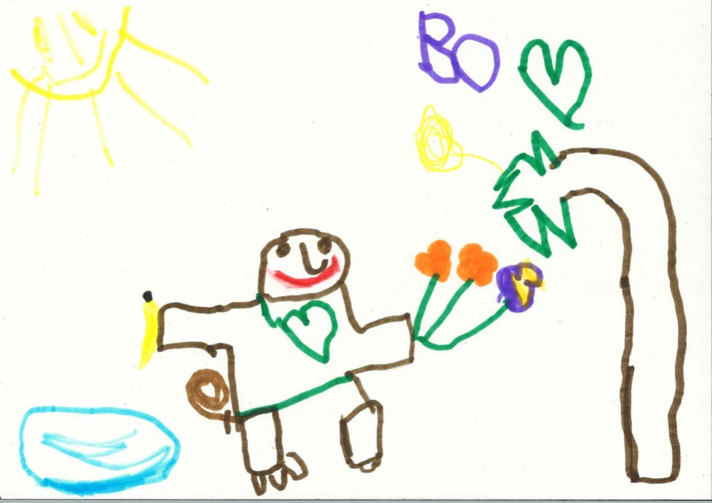 Kinderzeichnung von einem Orang-Utan und einem Baum.