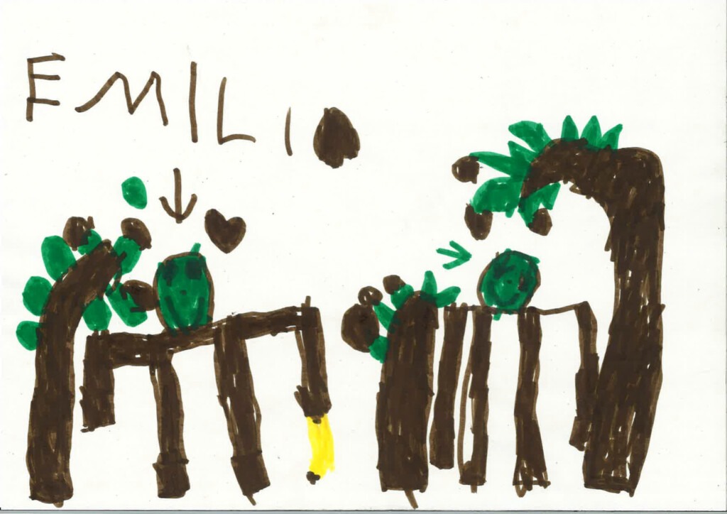 Kinderzeichnung von zwei Orang-Utans und zwei Bäumen.