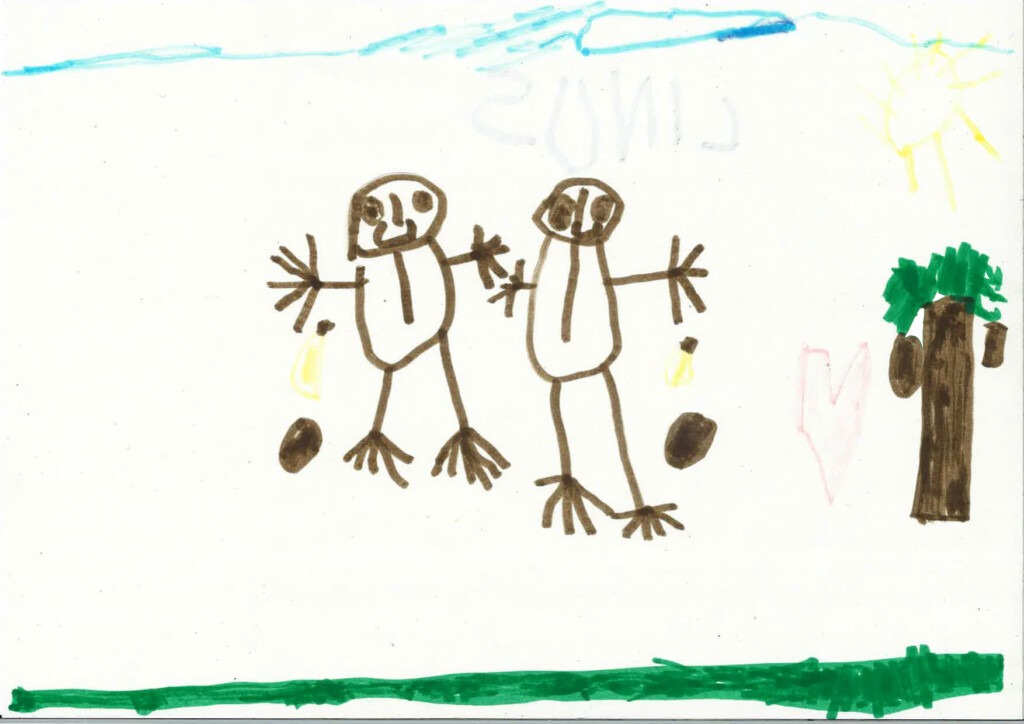 Kinderzeichnung von zwei Orang-Utans und einem Baum.