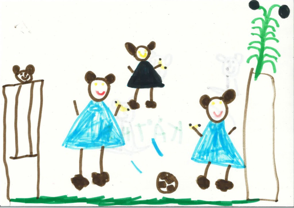 Kinderzeichnung: Vier Kinder spielen Fußball.