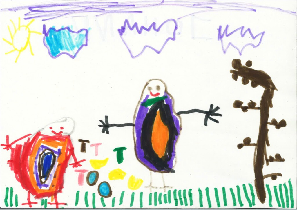 Kinderzeichnung von zwei Orang-Utans und einem Baum.