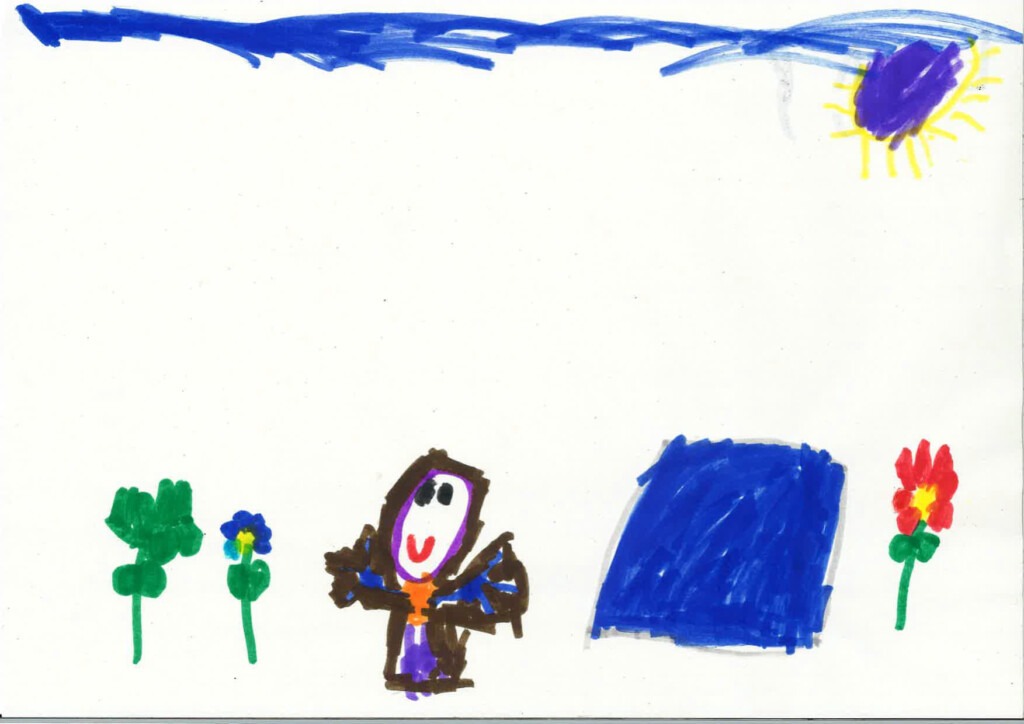 Kinderzeichnung von einem Orang-Utan und verschiedenen Blumen.