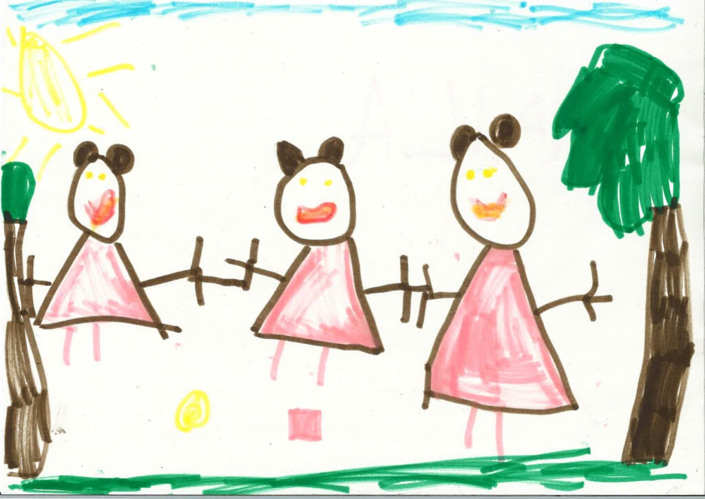 Kinderzeichnung von drei Orang-Utans und zwei Ölpalmen.