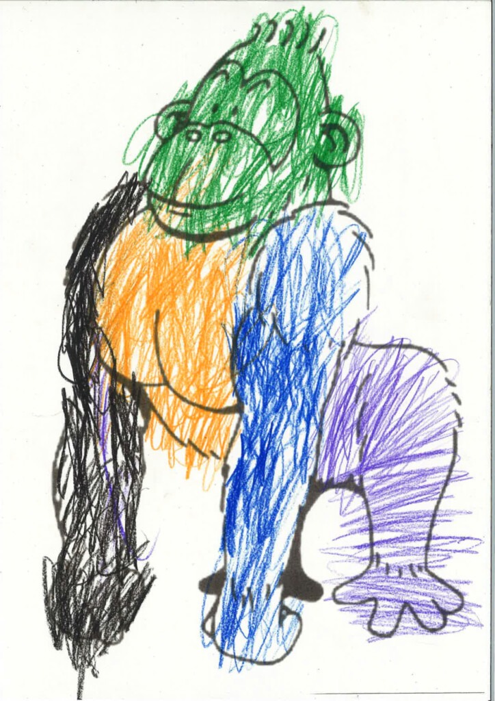Eine mit Bundstiften ausgemalte Vorlage eines Gorillas in den Farben Schwarz, Grün, Orange, Blau und Lila.