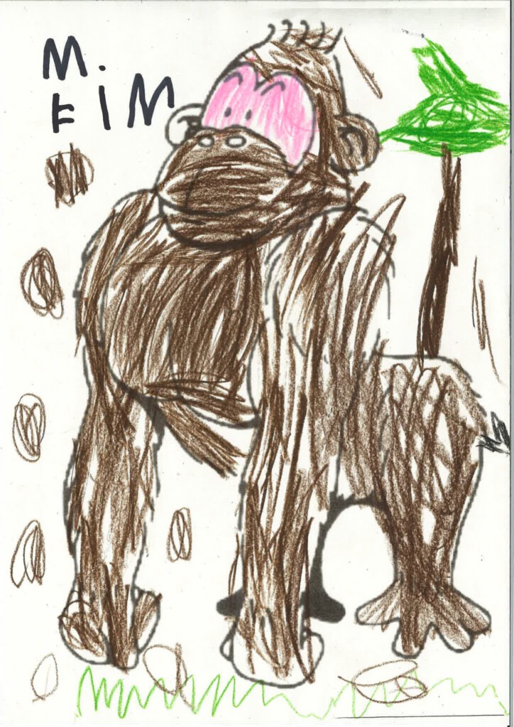 Eine mit Bundstiften ausgemalte Vorlage eines Gorillas in den Farben Braun und Rosa.