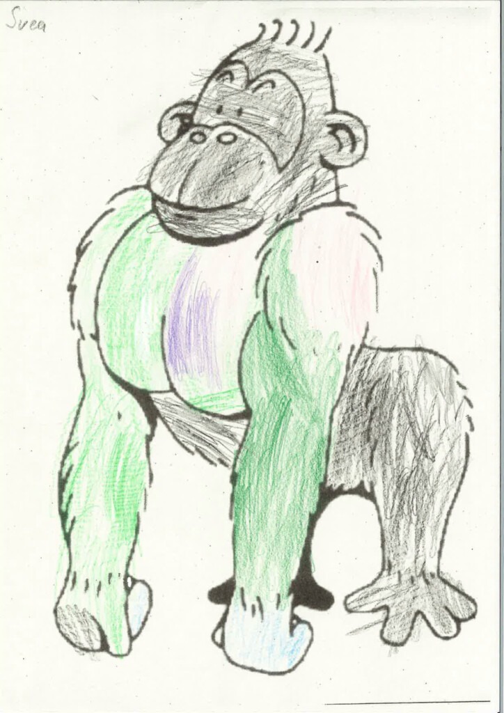 Eine mit Bundstiften ausgemalte Vorlage eines Gorillas in den Farben Schwarz und Grün.