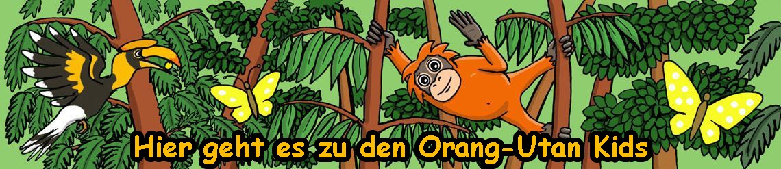 Eine Handzeichnung von dem kleinen Orang-Utan Rimba, einem Nashornvogel und zwei Schmetterlingen im Regenwald. Unten steht der Text "Hier geht es zu den Orang-Utan Kids".