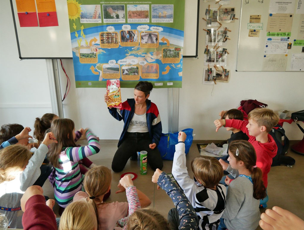 Kinder bewerten durch Gesten, ob sie Palmöl in den gezeigten Produkten vermuten. Im Hintergrund hängt ein Poster zu den Auswirkungen der Regenwaldzerstörung auf den Klimawandel.
