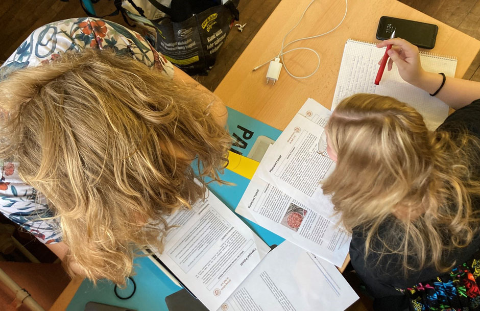 Zwei Schüler beugen sich über einen Tisch und studieren die Informationsmaterialien zum Planspiel Palmöl.