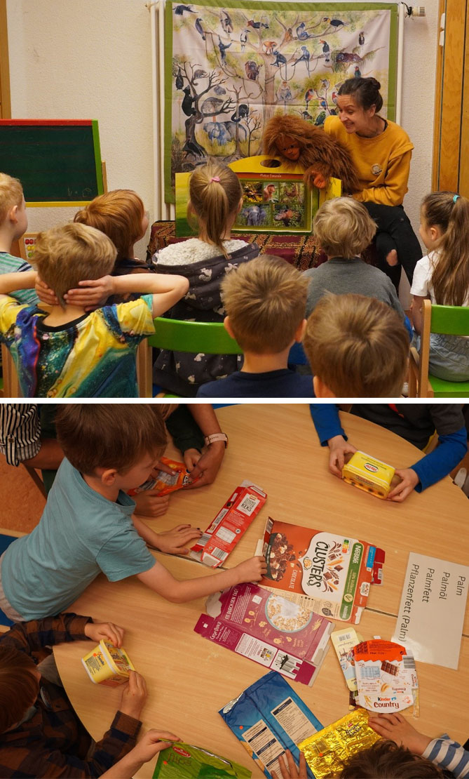 Bild oben: Die Umweltbildnerin sitzt mit einem Bildertheater und einer Orang-Utan-Handpuppe vor einem Regenwaldplakat. Davor befinden sich mehrere Stühle, Kinder sitzen darauf. Bild unten: Auf einem Tisch liegen verschiedene Produkte und eine Folie mit den Worten: Palm, Palmöl, Palmfett, Pflanzenfett (Palm) darauf. Rings um den Tisch sind Kinder und halten Produktverpackungen in der Hand.