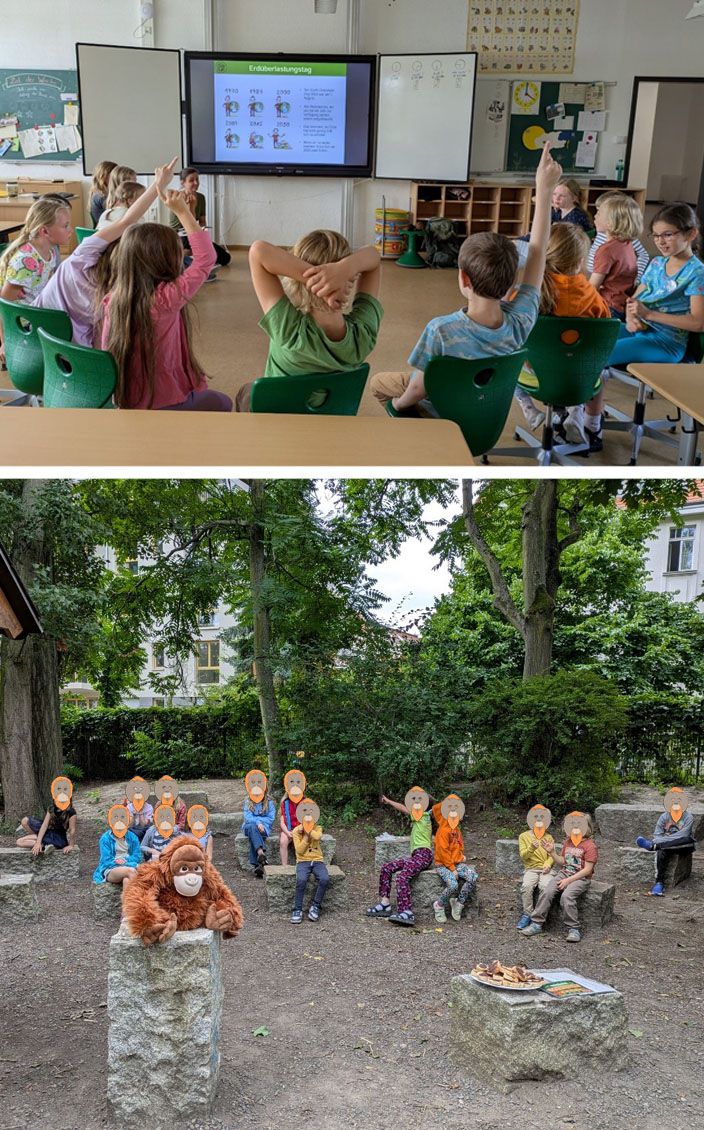 Bild oben: Mehrere Kinder sitzen im Halbkreis vor einer digitalen Tafel, auf der eine Folie zum Erdüberlastungstag aufscheint. Einige Kinder melden sich. Bild unten: Kinder sitzen in einem Grünen Klassenzimmer auf Steinbänken. Im Vordergrund sitzt ein großer Plüsch-Orang-Utan. Rechts vorn im Bild befinden sich Arbeitsblätter und ein Teller mit Schokobroten.