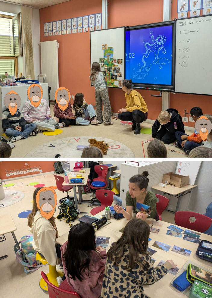 Bild oben: Kinder sitzen im Kreis vor der Tafel. Daran sind Bildkarten befestigt, welche den Aufbau des Regenwaldes und Tiere zeigen. Ein Kind steht an der Tafel und befestigt sein Bild. Bild unten: Drei Kinder und die Umweltbildnerin sitzen an einem Tisch und spielen Memory. Die Umweltbildnerin hält zwei Bildkarten hoch. Darauf ist ein Riff zu erkennen, welches auf der rechten Karte noch bunt ist und auf der anderen Karte seine Farbe verloren hat. Auf dem Tisch liegen weitere Karten, welche die Veränderungen der Natur durch den Klimawandel bebildern.