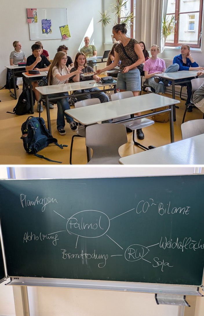 Bild oben: Jugendliche sitzen in einem Klassenzimmer. Die Umweltbildnerin verteilt Schokobrote. Bild unten: Ein Brainstorming zum Thema: Palmöl steht an der Tafel. Weitere Begriffe sind: Abholzung, Brandrodung, Regenwald, Soja, Plantagen, CO2-Bilanz.