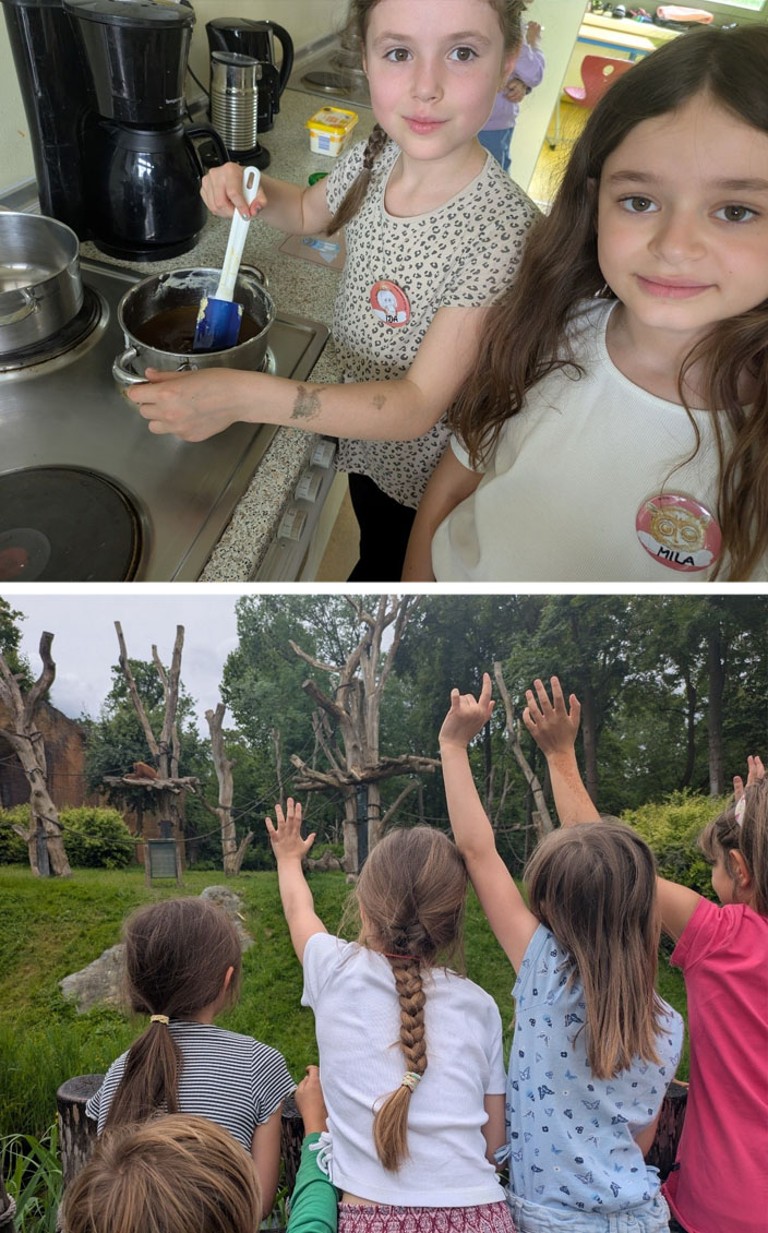 Bild oben: Zwei Kinder stehen am Herd. Eines der Kinder rührt in einem Topf. Bild unten: Mehrere Kinder sind von hinten abgebildet, sie winken den Orang-Utans zu.