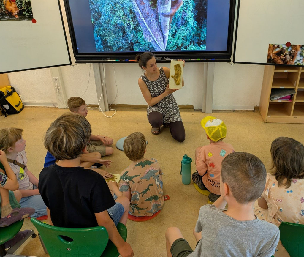 Kinder sitzen auf Stühlen und teilweise auf dem Boden vor einer digitalen Tafel, auf der eine Präsentation läuft. Die Umweltbildnerin hockt vorn und hält den Fußabdruck eines Orang-Utans in die Luft.