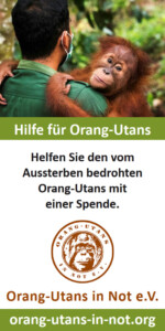 Vorschau der Freianzeige: Oben ist ein Foto abgebildet, das einen Pfleger mit einem Orang-Utan auf dem Arm zeigt. Der Orang-Utan schaut in die Kamera. Darunter steht „Hilfe für Orang-Utans“; „Helfen Sie den vom Aussterben bedrohten Orang-Utans mit einer Spende.“ Darunter sind das Vereinslogo, der Vereinsname und die Webadresse abgebildet.