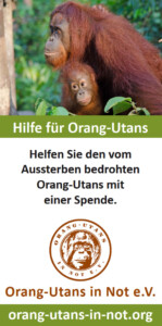 Vorschau der Freianzeige: Oben ist ein Foto abgebildet, das eine Orang-Utan-Mutter mit ihrem Kind zeigt. Das Kind klammert sich am Bauch der Mutter fest. Darunter steht „Hilfe für Orang-Utans“; „Helfen Sie den vom Aussterben bedrohten Orang-Utans mit einer Spende.“ Darunter sind das Vereinslogo, der Vereinsname und die Webadresse abgebildet.